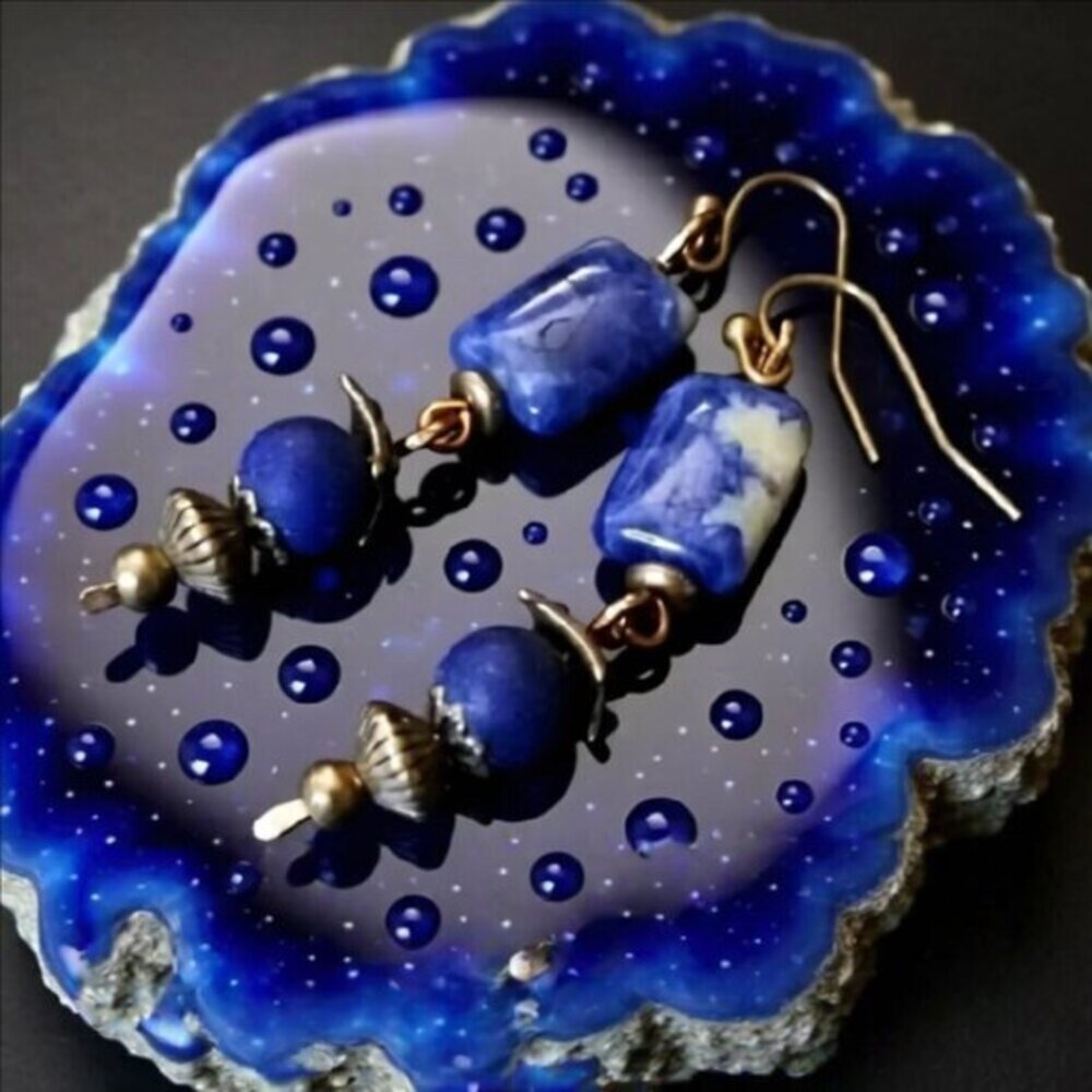 Blue Sodalite + Lapis Lazuli + Bronze ~ Handmade & One-of-a-kind Dangle Earrings - Picture 3 of 13